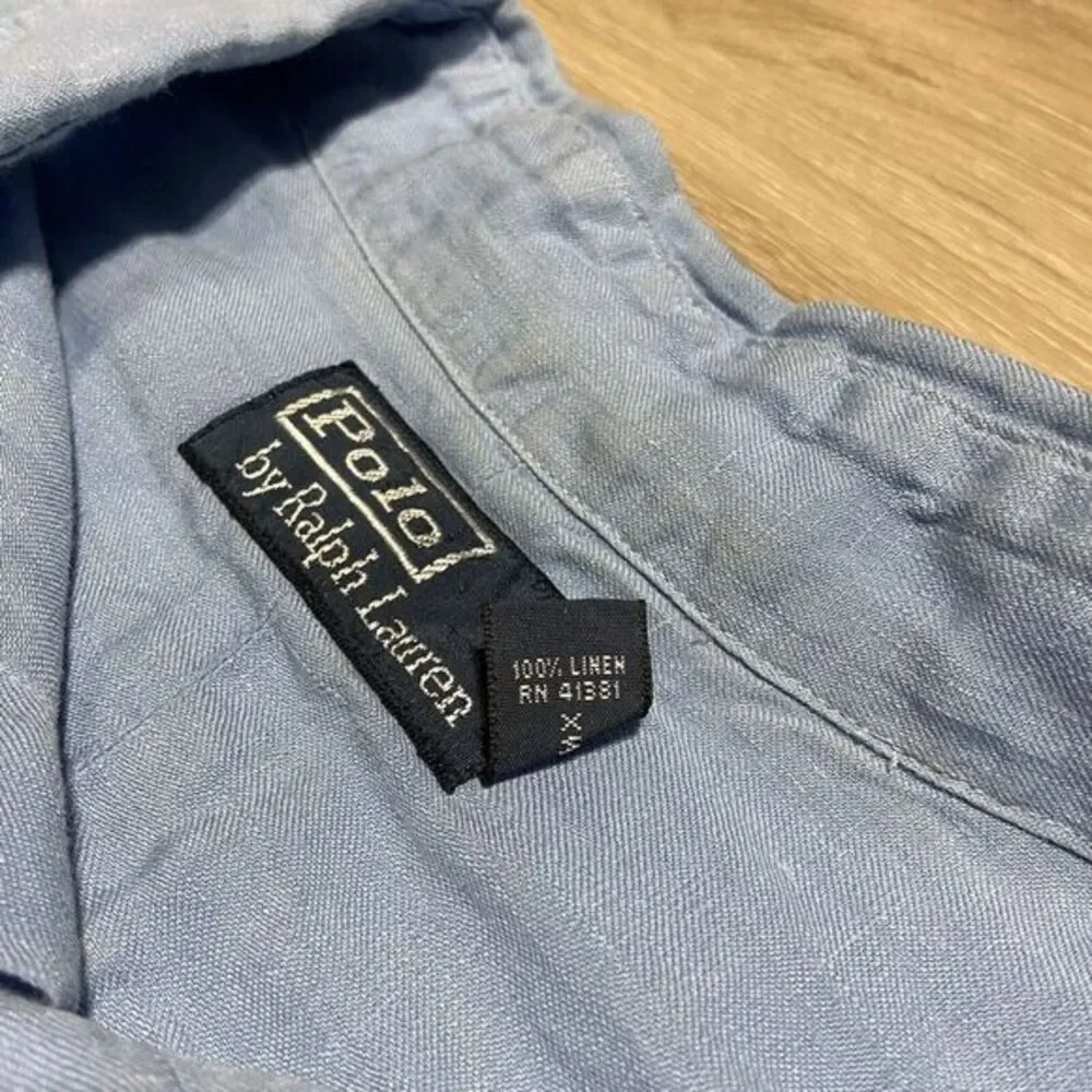 Vintage Polo Ralph Lauren Shirt Mens XL Blue 100% Linen Button‎ Up Pockets Flaws